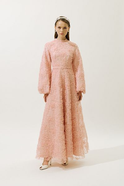 Manuka Fluffy Flowered Long Sleeve Evening Dress Powder