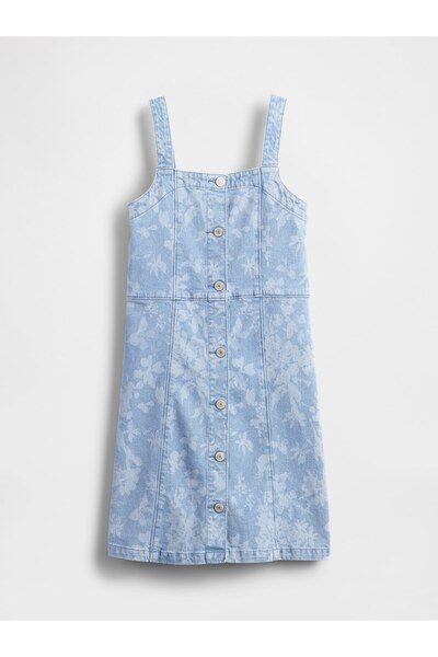 GAP Kız Çocuk Açık Mavi Denim Çiçekli Elbise