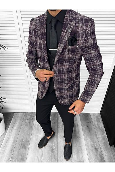 dehaine Men's jacket, slim fit, checked, 13197, burgundy