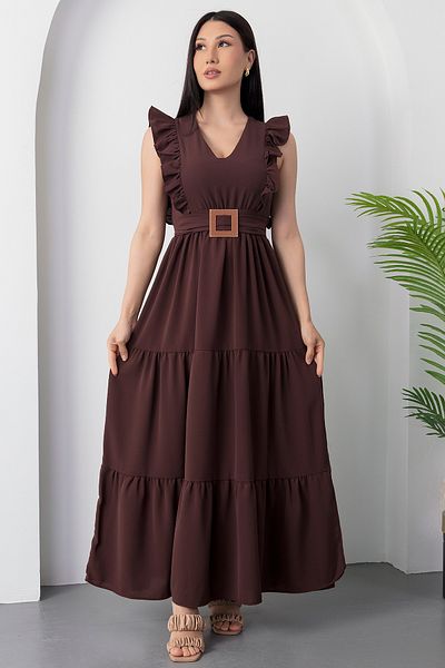 PULLIMM V-Neck Buckle Belt Dress Dks1296