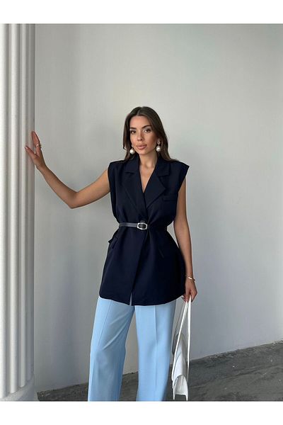 asyadabutik Women's Premium Quality Belted Oversize Blazer Vest
