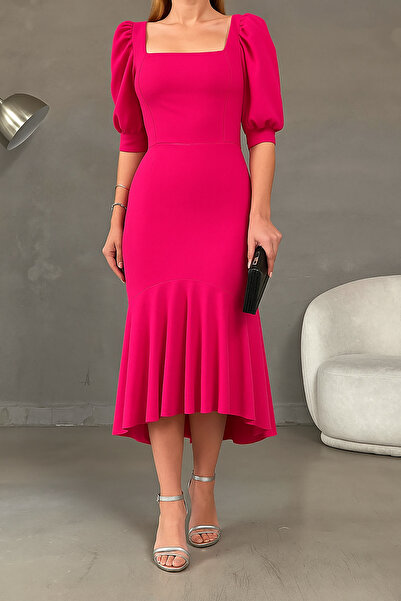Deafox Fuchsia Crepe Fabric Square Neck Balloon Sleeve Fish Model Midi Length Dress