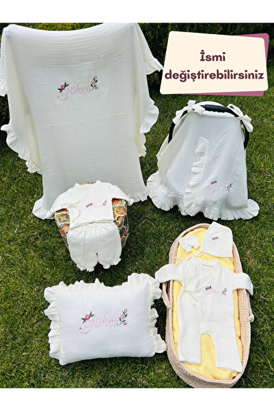 İnsta Bebe Yenidoğan Müslin Hastane Çıkış Seti %100 Pamuk Nakışlı Kişiye Özgü...
