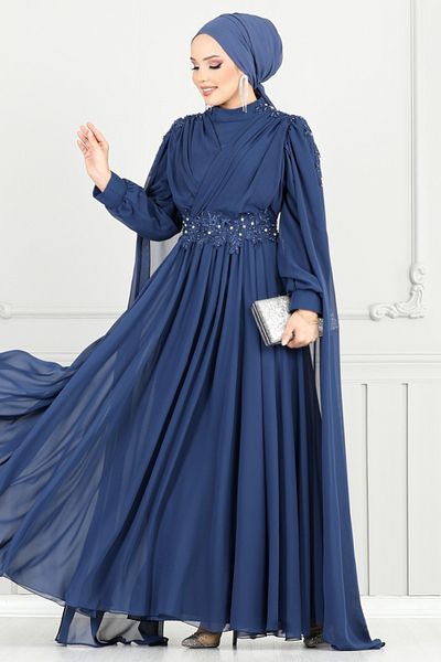 ModaMerve Βραδινό φόρεμα Hijab με ντραπέ μπροστά 4027YGS898-M Navy