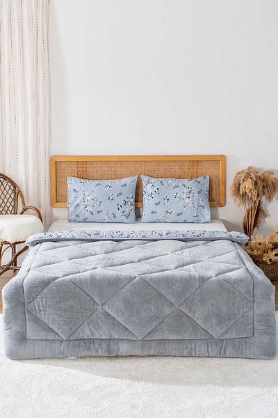 Rivaİstanbul Gray Floral Loura Single Double Sided Luxury Wellsoft Quilt Set 155X215 cm