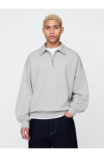 GAP Erkek Gri Heavyweight Oversized Yarım Fermuarlı Sweatshirt