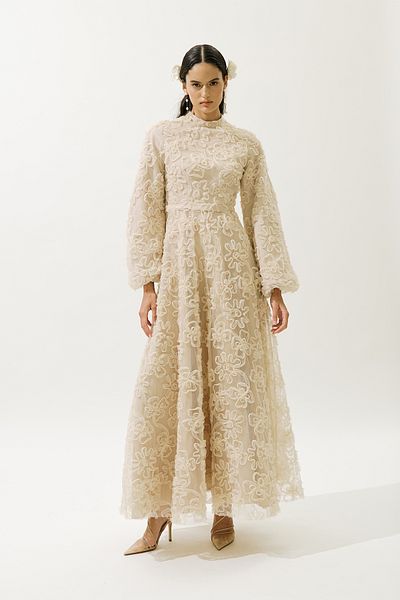 Manuka Fluffy Flowered Long Sleeve Evening Dress Pearl