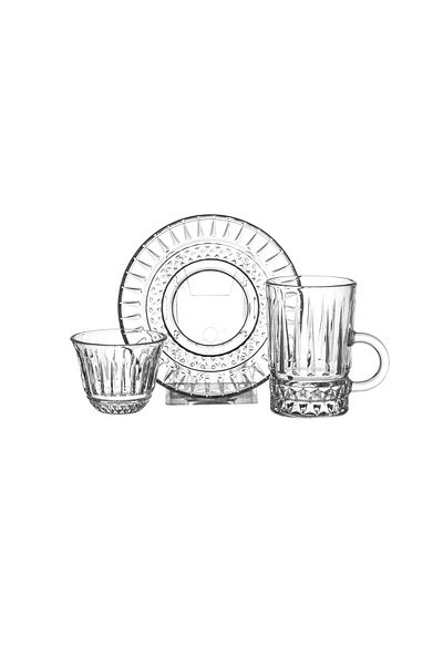 Dania Saudi clear glass tea and coffee cup set, 36 pieces: 12 tea cups + 12 tea saucers + 12 coffee cups