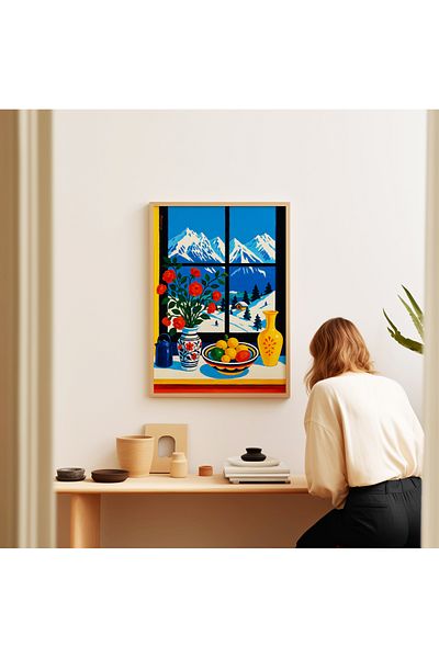 ARTHOUSECOLLECTIVE Vintage αφίσα με Snow View – Σπίτι στο βουνό, Νεκρή φύση με χιόνι και λουλούδια - Αφίσα χωρίς πλαίσιο