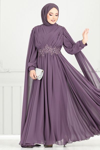 ModaMerve Βραδινό φόρεμα Hijab με ντραπέ μπροστά 4027YGS898-M Σκούρο Λιλά