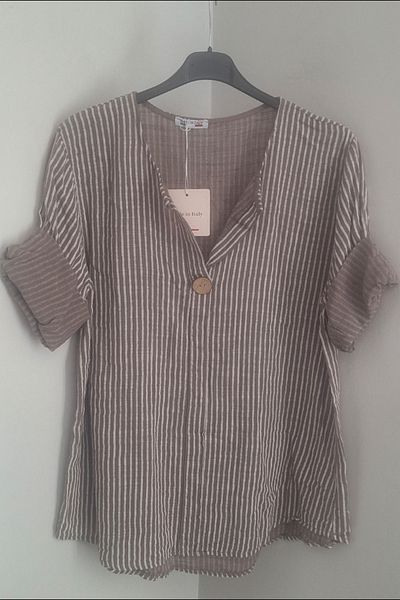 AYASOFYA OTANTIK Women's Italian Mink Striped 3/4 Sleeve Oversize Loose 100% Cotton Blouse Tunic