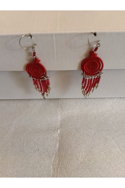 Butik Tülin Authentic Handmade Alpaca Wire Wrap Red String Bead Dangle Earrings 8.8X1.8Cm Made in Chile