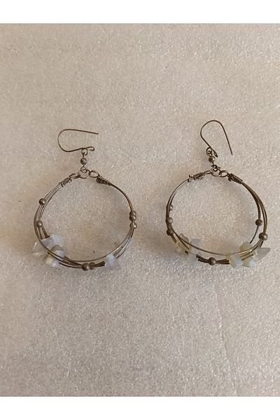Butik Tülin Authentic Handmade Metal Wire Natural Stone White Quartz Bead Dangle Earrings 7X4.5Cm Made in Chile