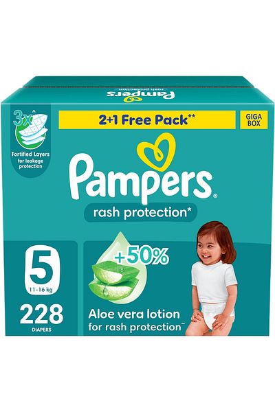 Pampers Baby Diapers, Size 5, 11-16 kg, Rash Protection Tape, Pack of 228