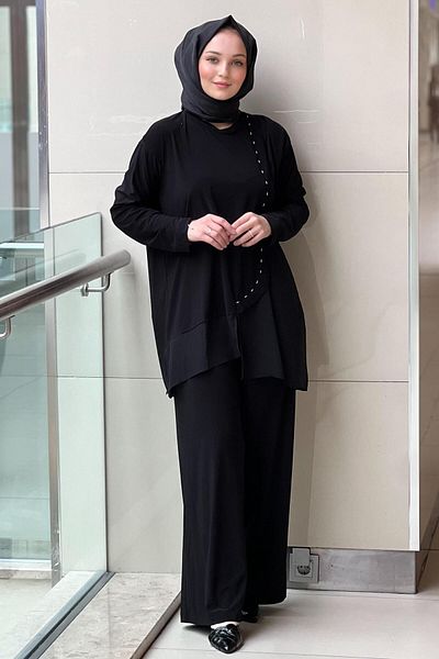 Ceremony Tunic with Front and Hem Chiffon Accessory Deatyl Sandy Suit with Loose Trousers