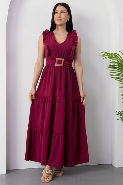 PULLIMM V-Neck Buckle Belt Dress Dks1296
