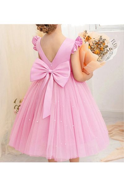 MadyaButik Girls Candy Pink Ruffle Sleeve Short Pearls Dress Graduation Birthday Special Occasion Evening Dress