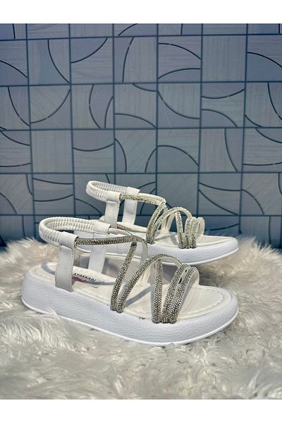 Anıl Ayakkabı Castle 35250 White Stone Band Detail Cross Style Orthopedic Sandals Shoes with Elastic Back
