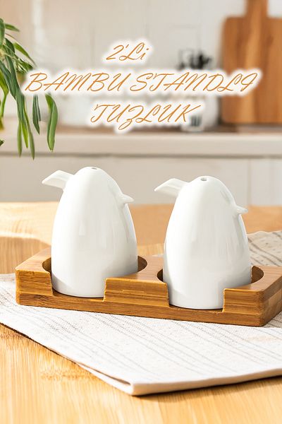 Porsima 102001 Grage Set of 2 Porcelain Salt and Pepper Shakers with Bamboo Stand - 80ml