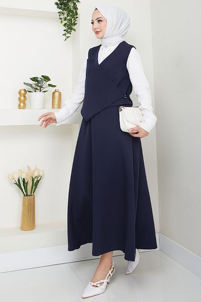 InStyle Cross Single Pocket Navy Blue Vest Suit
