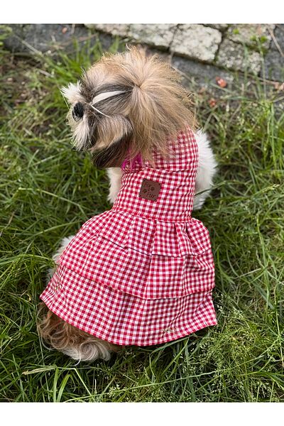For a Fur Dog Dress Outfit Red Gingham Poplin Fabric Pleated Cat Dress