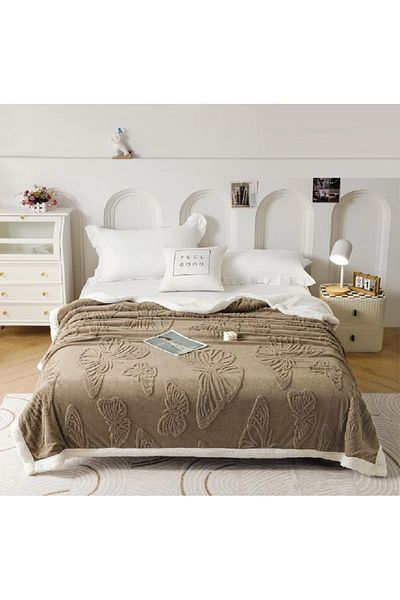 OEM Cocolino fluffy blanket, with fur, 200x230cm, elegantly embossed with Butterflies, made of plush microfiber