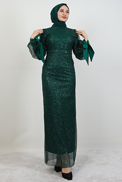 giz astore Aheste Boncuk İşleme Abiye Zümrüt