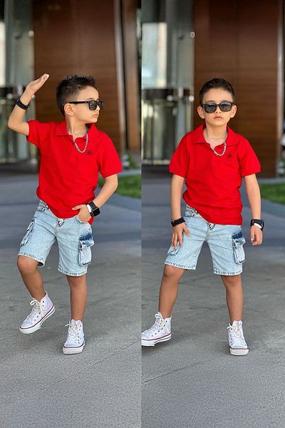 Minigimin Cicileri Boy's Suit with Denim Shorts and Lacost Collar - Red