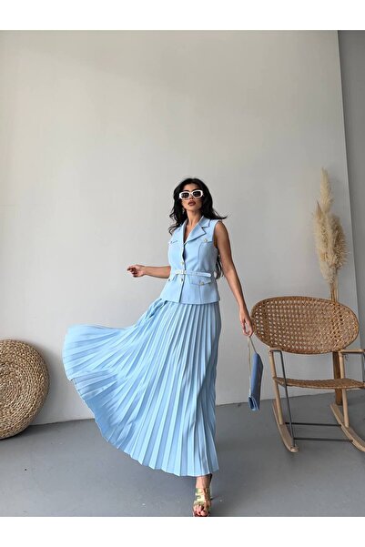 Bella Breeze Women's Belted Buttoned Vest Pleated Skirt Suit