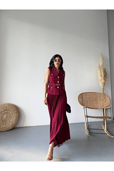 Bella Breeze Women's Belted Buttoned Vest Pleated Skirt Suit