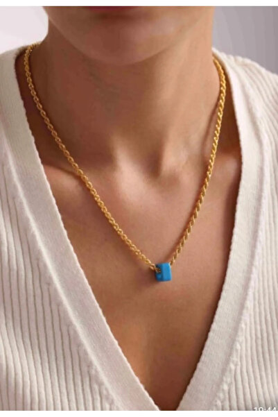 Papatya Women's Gold Twist Chain Blue Beaded Necklace