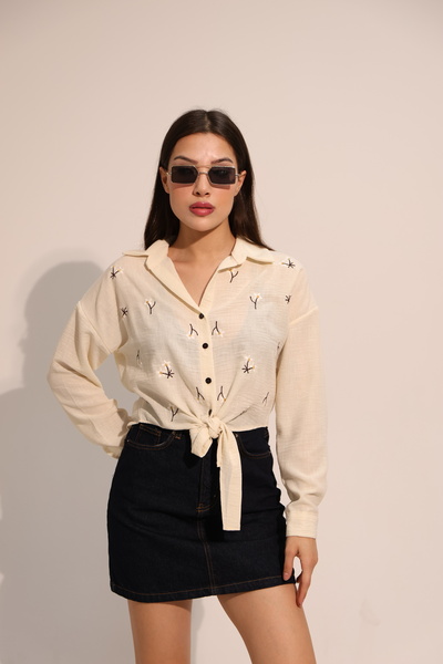 AURRARİ Μακρυμάνικο λινό πουκάμισο με σχέδιο Daisy