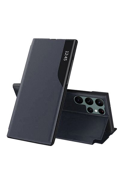Optim Solution Husă din piele cu clapă pentru Samsung Galaxy S25 Ultra, închidere magnetică, Smart View, suport inteligent, albastră