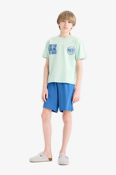 DeFacto E6651 Turquoise Boys Pajama Set Printed Short Sleeve T-Shirt Elastic Waist Shorts
