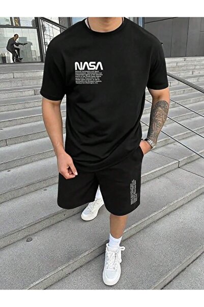 ACTIVE MODA -طقم تيشيرت قطني مطبوع بأكمام قصيرة للرجال مكون من قطعتين