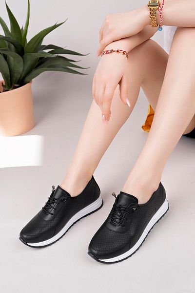 MCASERING Women's Black Rubber Laced Orthopedic Sole Ballerinas L Black Skin R Black Skin