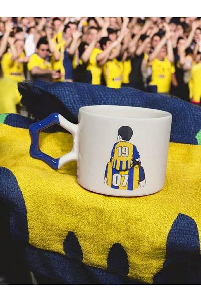 Simge Seramik Fan Father Son Yellow Navy Blue Star Handmade Ceramic Mug with Handle Mug Tea Cappuccino Cup