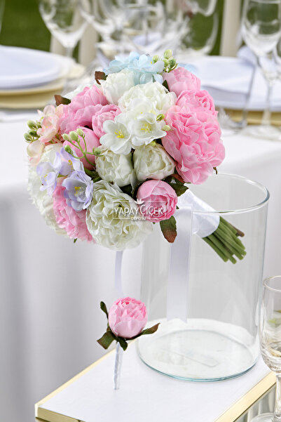 Yapay Çiçek Deposu Пастелна мечта Ерен Рози Сватбен букет Розово-бял