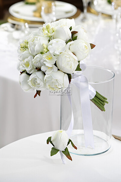 Yapay Çiçek Deposu Gelin Buketi Beyaz Düş Şakayık Güller