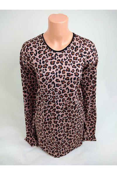 YAŞAR TRİKO Γυναικείο καφέ Leopard U-Neck μακρύ μπλουζάκι με σχέδιο με σχισμή υφαντό βισκόζη Mother χτενισμένο μπλουζάκι