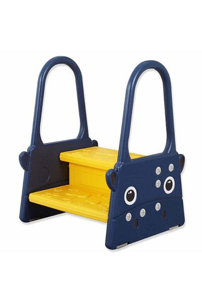 Linovit Scaun înălțător tip scară pentru copii, 2 trepte, mânere, antiderapant, toaletă/baie/bucătărie, albastru închis, galben