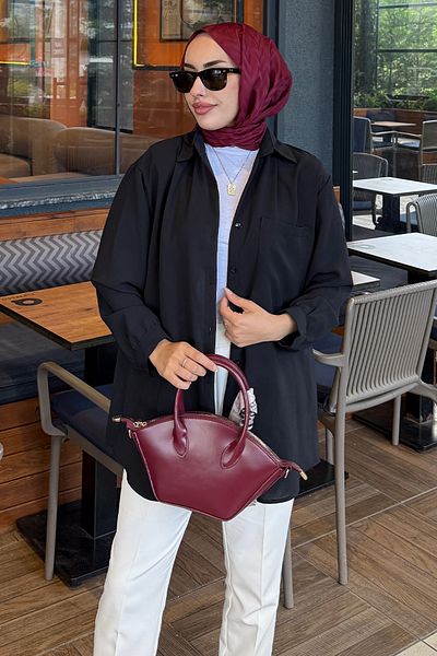 Tesettür Diyarı Cămașă hijab pentru femei Linda din țesătură cu buzunar - neagră