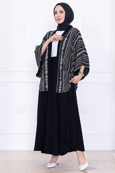 hafsamina Patterned Skirt Kimono Set Black Hm2766