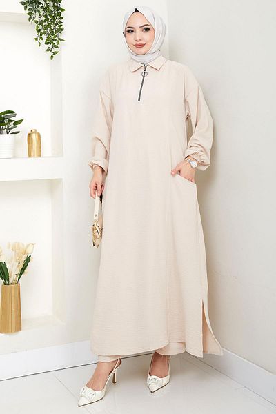 hafsamina Ayrobin Suit with Half Zipper Pocket Beige Hm2759