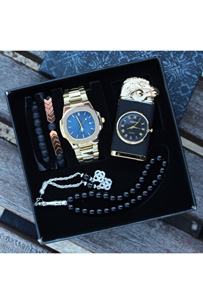 saat&istasyonu Çelik Kordonlu Erkek Kol Saati Seti Erkek Tesbih ''Saatli Çakmak Işıklı '' Bileklik Spor Saat Seti