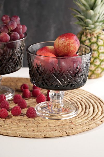 Multiamo Star Model Handmade Footed Gray Color Glass 2 Piece Bowl 20X18 cm -15X15 cm