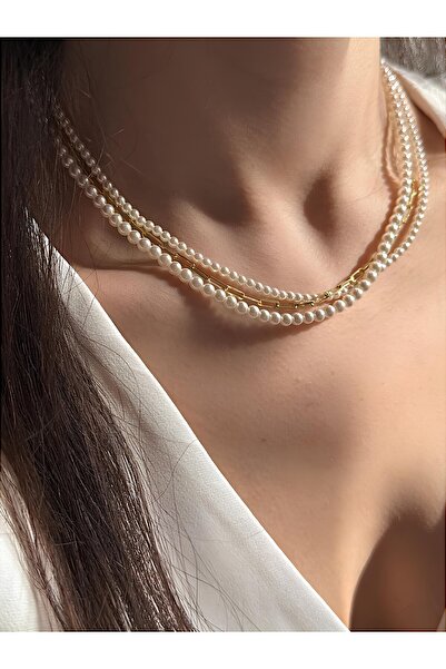 Vigens Mulier 925 Ayar İnci ve Ataç Detaylı Üç Sıra Kolye Clavella