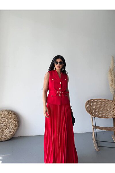 Bella Breeze Kadın Kemerli Düğmeli Yelek Pileli Etek Takım Elbise