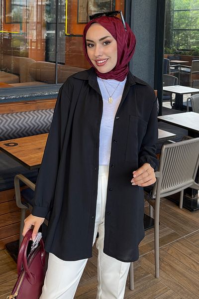 Tesettür Diyarı Cămașă hijab pentru femei Linda din țesătură cu buzunar - neagră