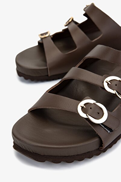 Valmenti Women's Genuine Leather Brown Flat Slippers